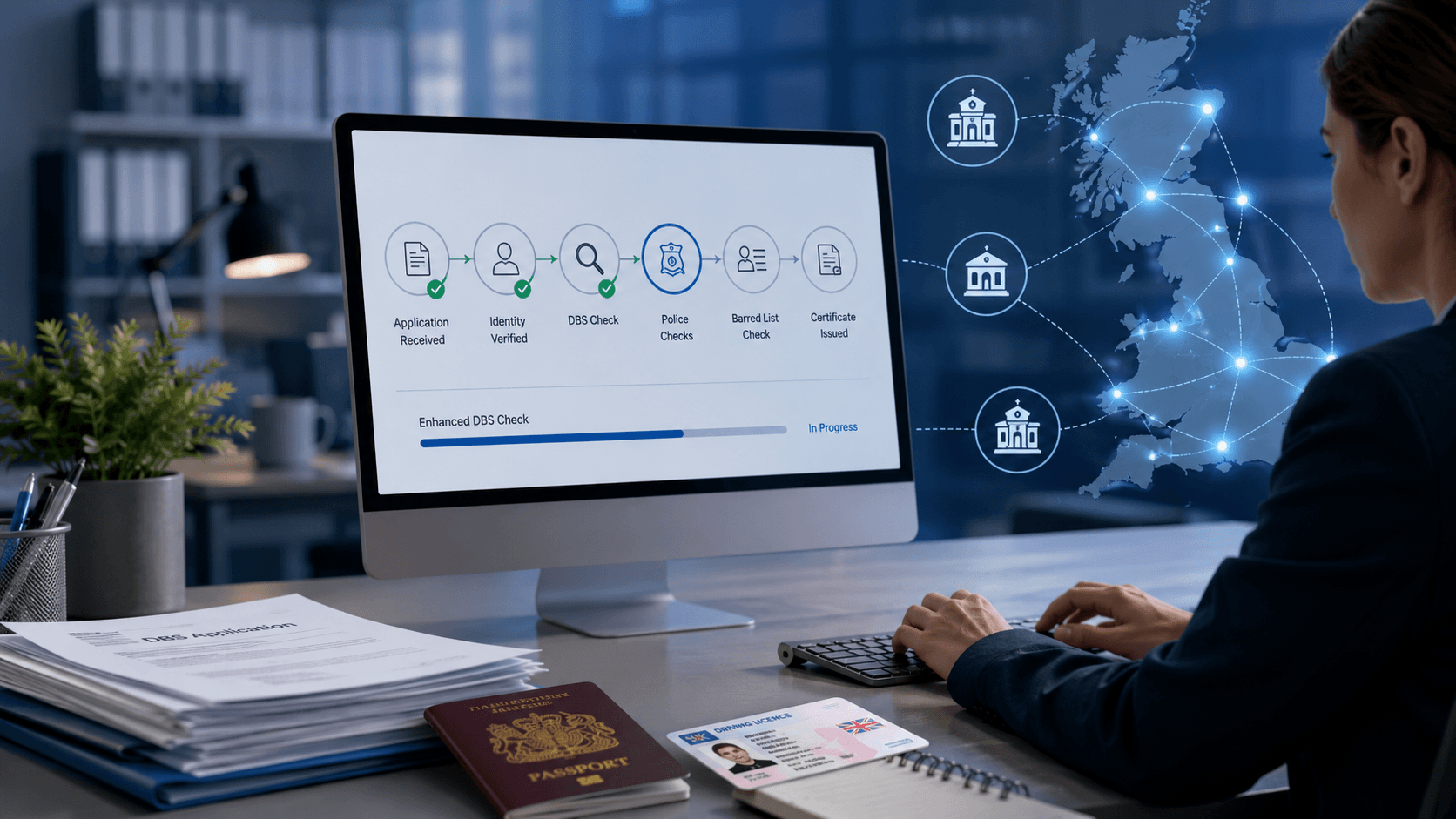 A modern office scene showing a professional working on an enhanced DBS check process on a desktop computer. The screen displays a step by step identity verification workflow including application received, identity verified, DBS check, police checks, barred list check and certificate issued. On the desk are documents including a passport, driving licence and application forms. The environment is clean and corporate, with a digital map of the United Kingdom and connected network icons in the background representing police force data checks and safeguarding systems.