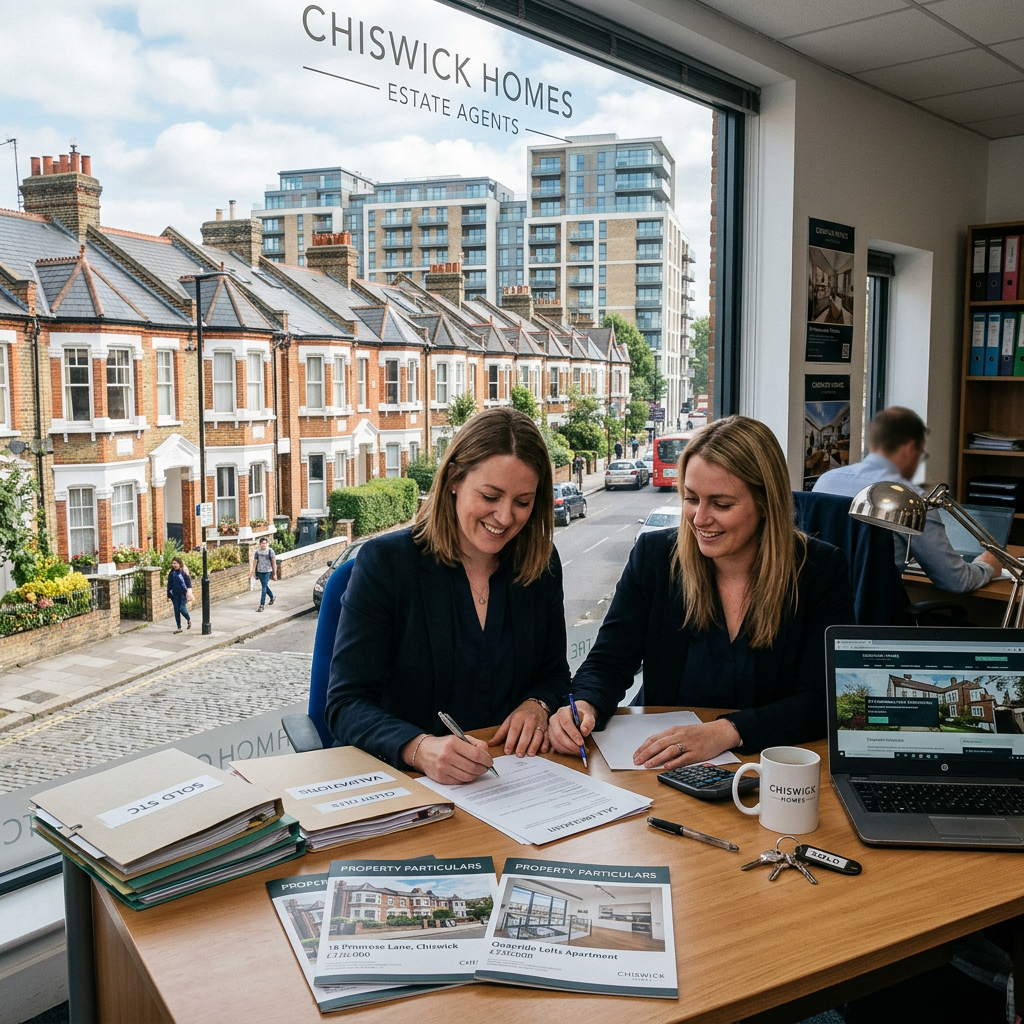 Two women estate agents sitting at a desk reviewing papers inside an office with property brochures and a laptop