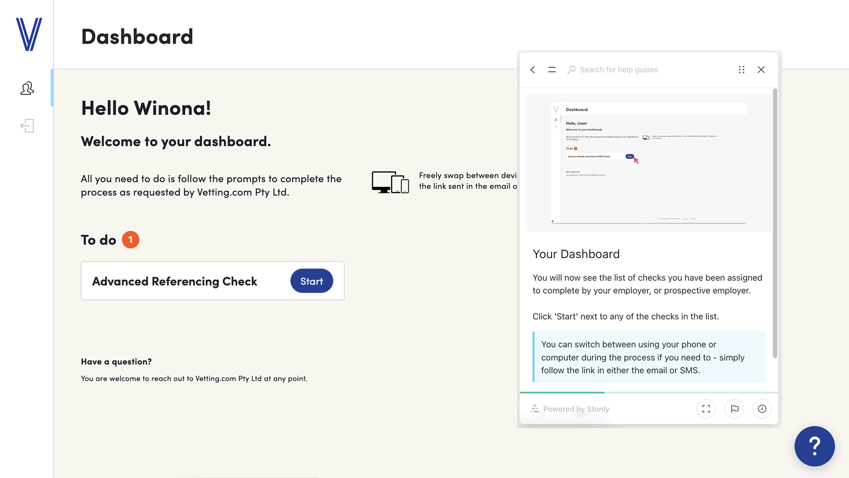 Candidate dashboard with support accessibility
