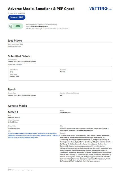 AML Check Sample Report