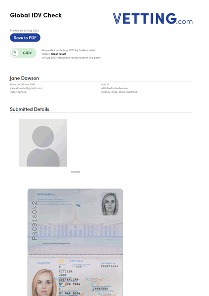 Identity Verification Check Sample Report